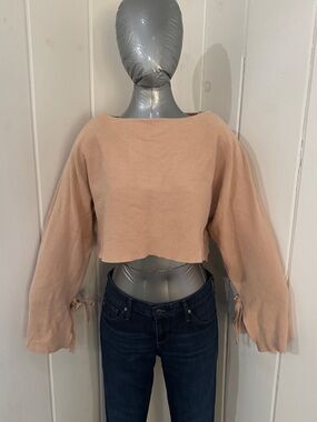 Zara Blush Cropped Boatneck Tie-Sleeve Sweater